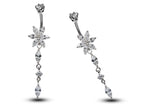 Silver Dangle Flower Belly Bars, Navel Ring - Drop Belly Ring with High Quality CZ Crystals - Curved Barbell - 16g (1.6mm) Length is 8mm