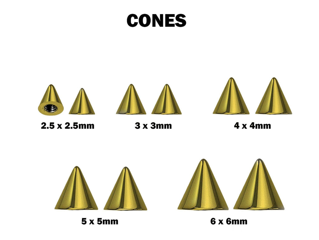 Titanium Gold Cone / Spike Nose Bridge Barbell Upper Nose Piercing with Steel Chain - 16G 14G Straight Barbell - Choose Spike and Cone Size