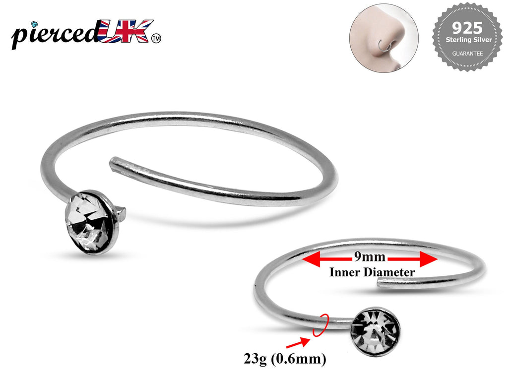 Nose Ring, Nose End Hoop Ring– Silver Nostril Stud Ring with Solitaire Clear CZ Crystal – 23g (0.6mm)  – Silver Nose Piercing