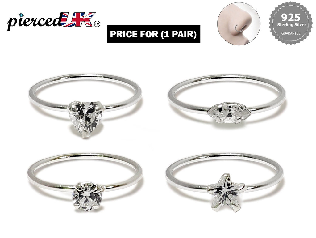 Silver Nostril Ring, Nose Ring, Open Ring with Solitaire CZ Crystals Heart, Round, Star and Marquise  – 28g (0.3mm)  – Silver Nose Piercing