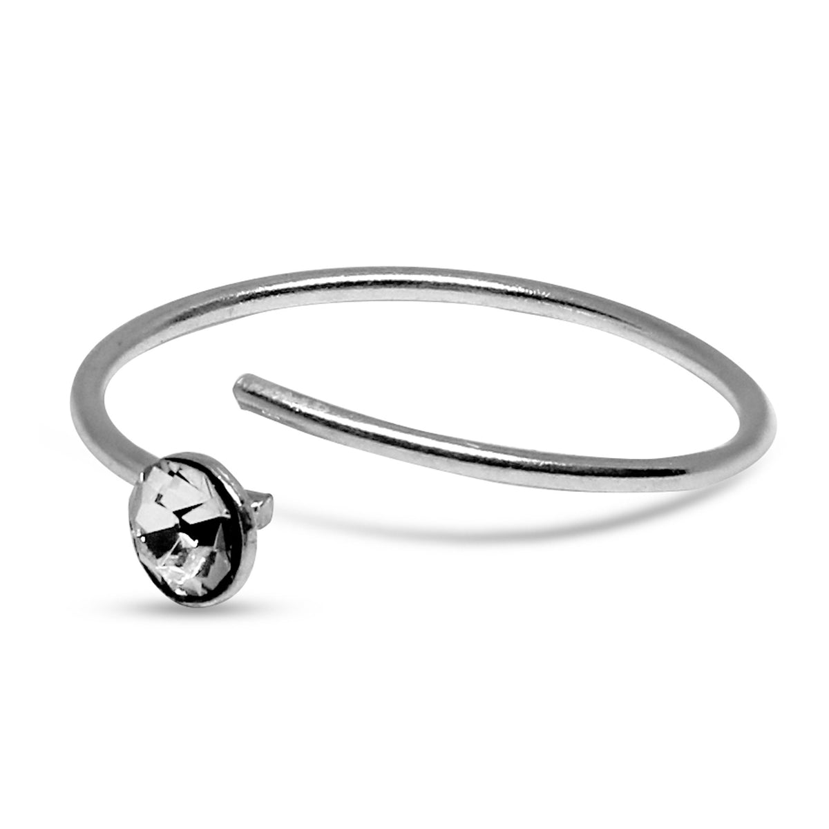 Nose Ring, Nose End Hoop Ring– Silver Nostril Stud Ring with Solitaire Clear CZ Crystal – 23g (0.6mm)  – Silver Nose Piercing