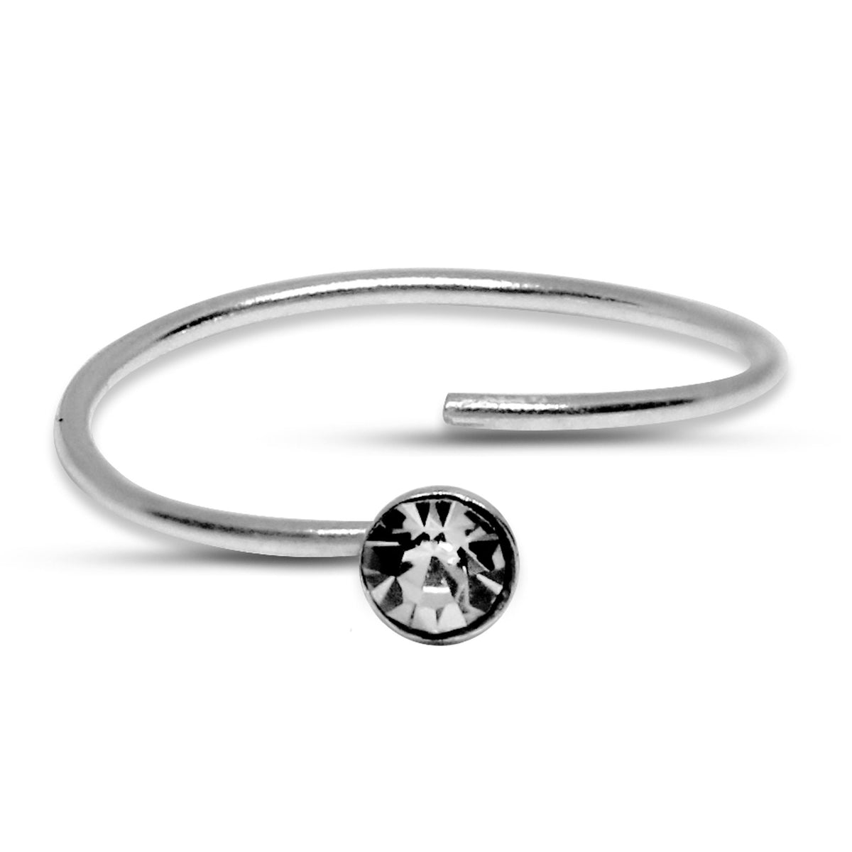 Nose Ring, Nose End Hoop Ring– Silver Nostril Stud Ring with Solitaire Clear CZ Crystal – 23g (0.6mm)  – Silver Nose Piercing