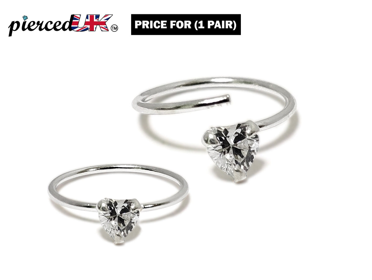 Silver Nostril Ring, Nose Ring, Open Ring with Solitaire CZ Crystals Heart, Round, Star and Marquise  – 28g (0.3mm)  – Silver Nose Piercing