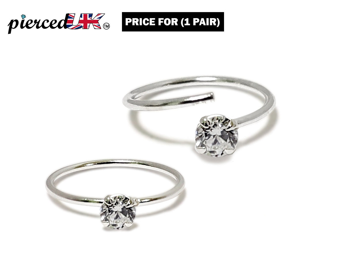 Silver Nostril Ring, Nose Ring, Open Ring with Solitaire CZ Crystals Heart, Round, Star and Marquise  – 28g (0.3mm)  – Silver Nose Piercing