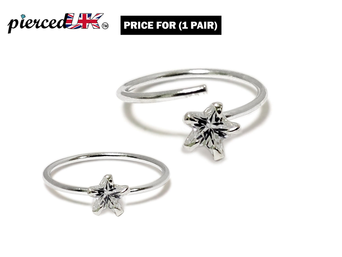 Silver Nostril Ring, Nose Ring, Open Ring with Solitaire CZ Crystals Heart, Round, Star and Marquise  – 28g (0.3mm)  – Silver Nose Piercing