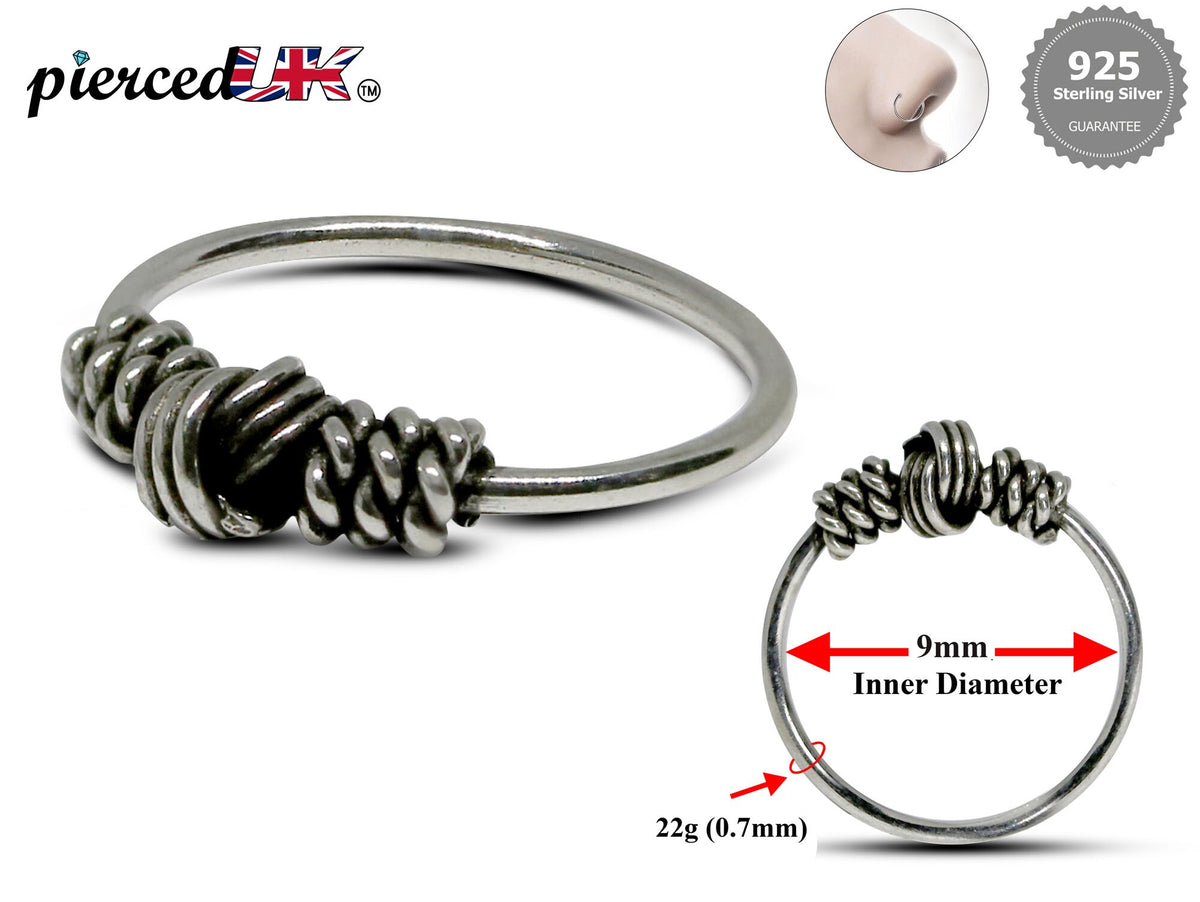 Nose Ring Hoop, Nostril Ring – Bali Style Nose Hoop Hinged Earrings with Rope Design – 22g (0.7mm)  – Silver Tribal Nose Piercing