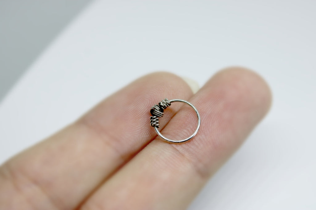 Nose Ring Hoop, Nostril Ring – Bali Style Nose Hoop Hinged Earrings with Rope Design – 22g (0.7mm)  – Silver Tribal Nose Piercing