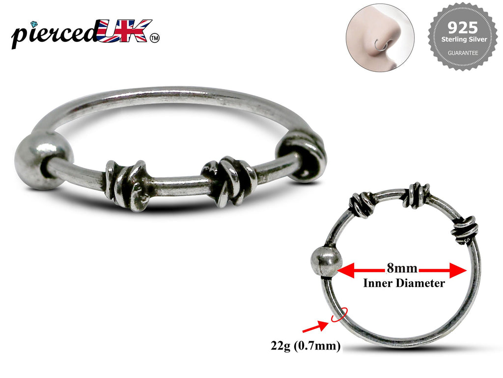 Silver Nose Ring, Nostril Hoops – Beaded Bali Nose Studs Hinged Earrings – 22g (0.7mm)  – Silver Tribal Nose Piercing
