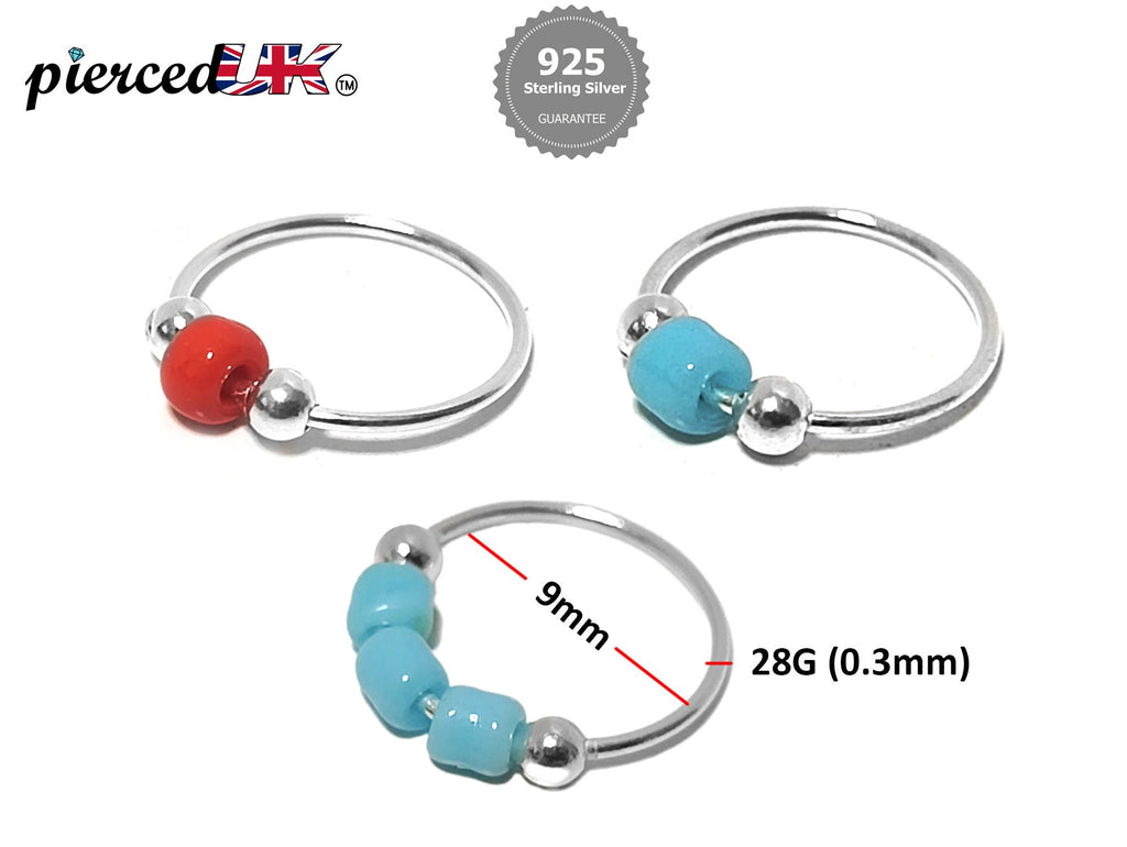 Silver Nose Ring, Nose ball hoops, Nostril Piercing - 28G size 9mm - Body Jewellery Nose Ring