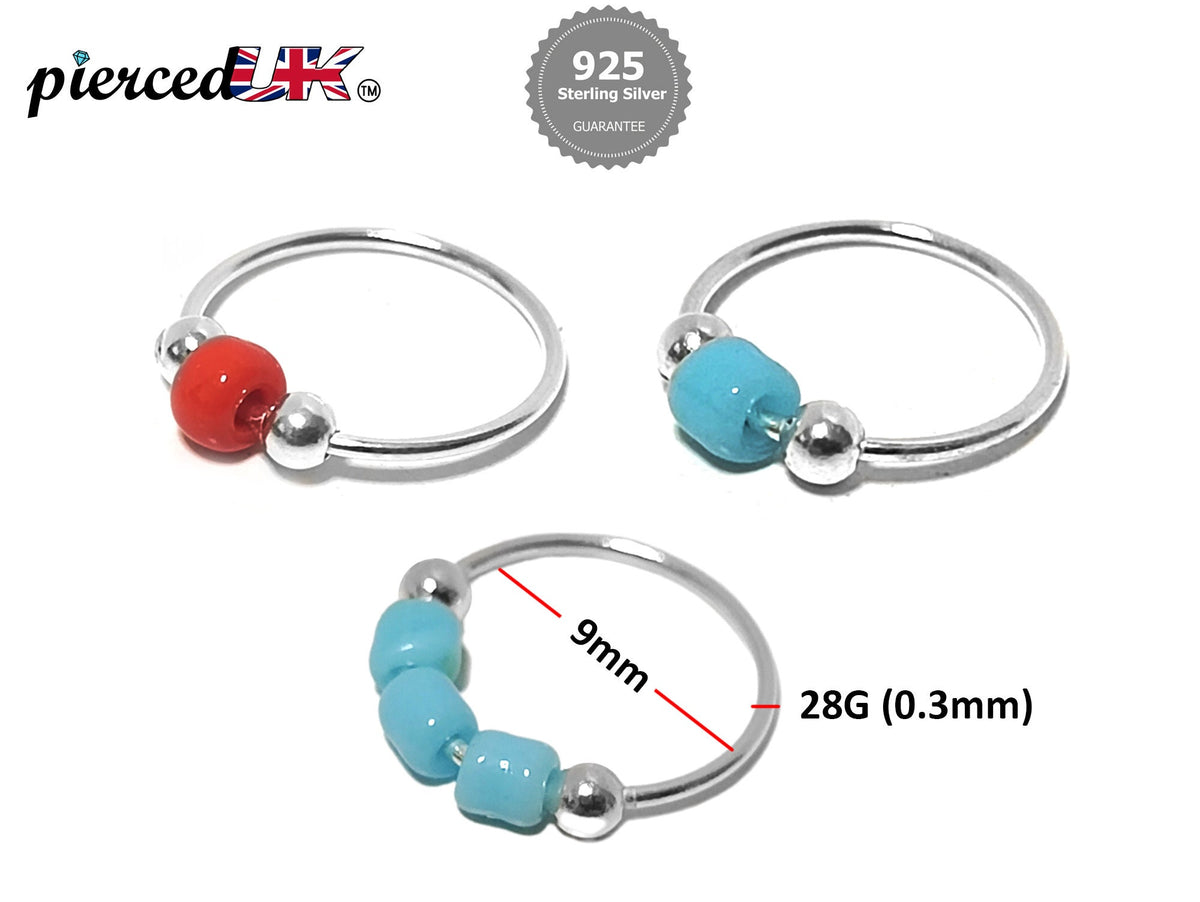 Silver Nose Ring, Nose ball hoops, Nostril Piercing - 28G size 9mm - Body Jewellery Nose Ring