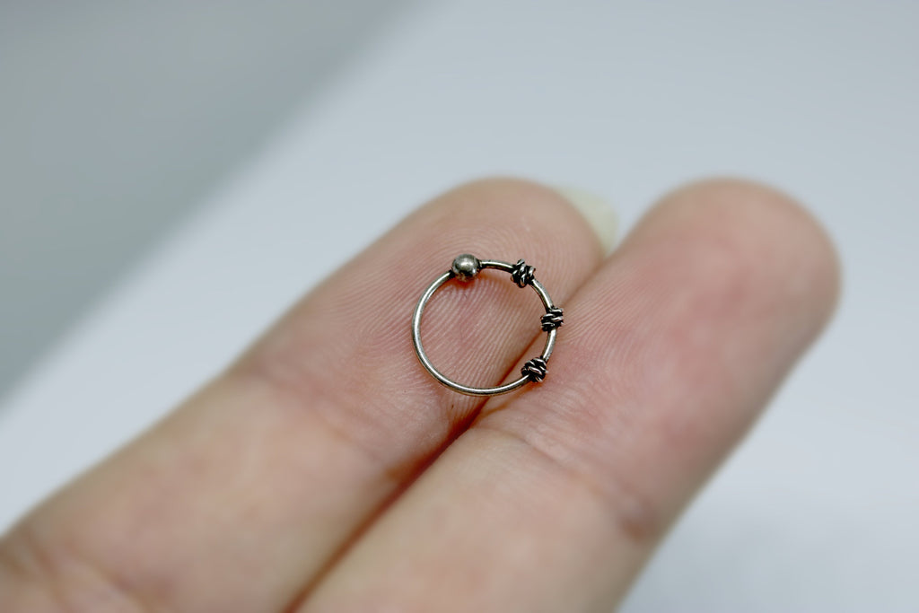 Silver Nose Ring, Nostril Hoops – Beaded Bali Nose Studs Hinged Earrings – 22g (0.7mm)  – Silver Tribal Nose Piercing
