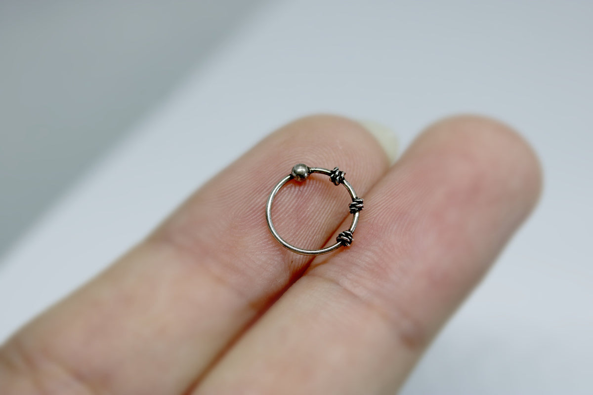 Silver Nose Ring, Nostril Hoops – Beaded Bali Nose Studs Hinged Earrings – 22g (0.7mm)  – Silver Tribal Nose Piercing