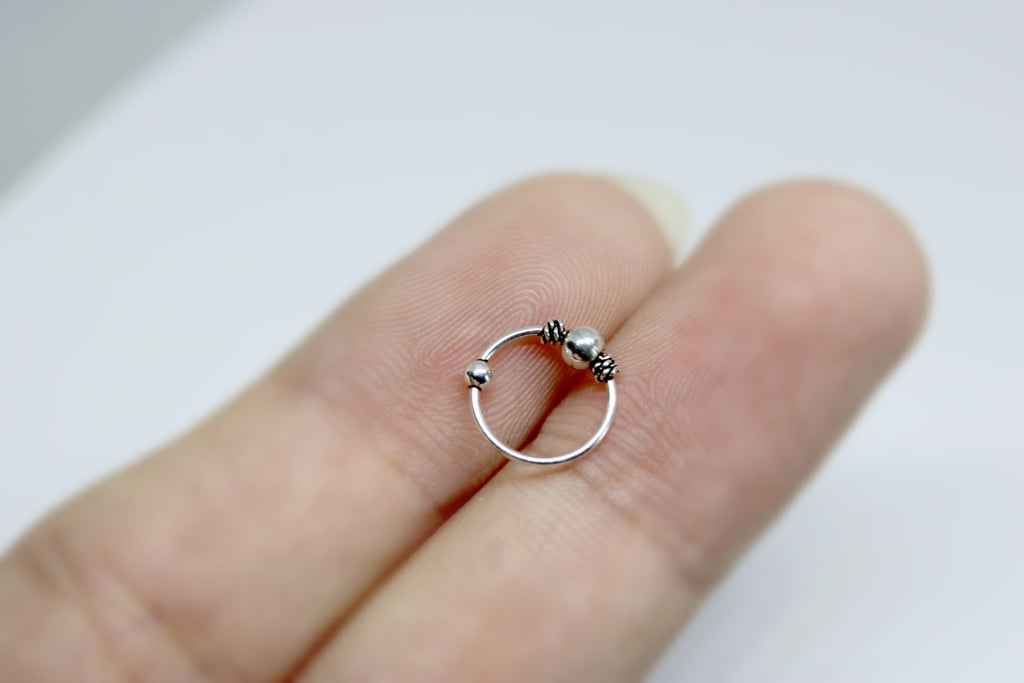 Beaded Nose Ring, Nose Hoops – Bali Style Nostril Ring Hinged Earrings Beaded Nose Studs – 22g (0.7mm)  – Silver Tribal Nose Piercing