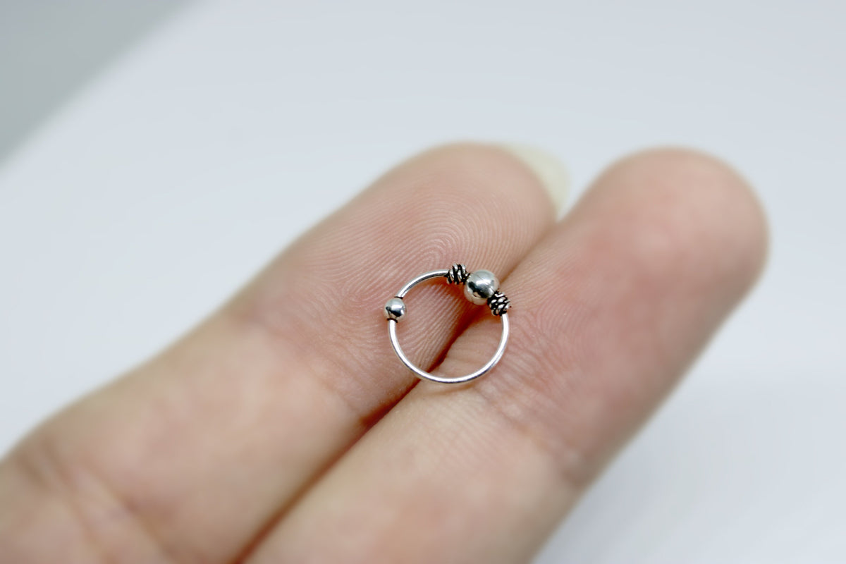 Beaded Nose Ring, Nose Hoops – Bali Style Nostril Ring Hinged Earrings Beaded Nose Studs – 22g (0.7mm)  – Silver Tribal Nose Piercing