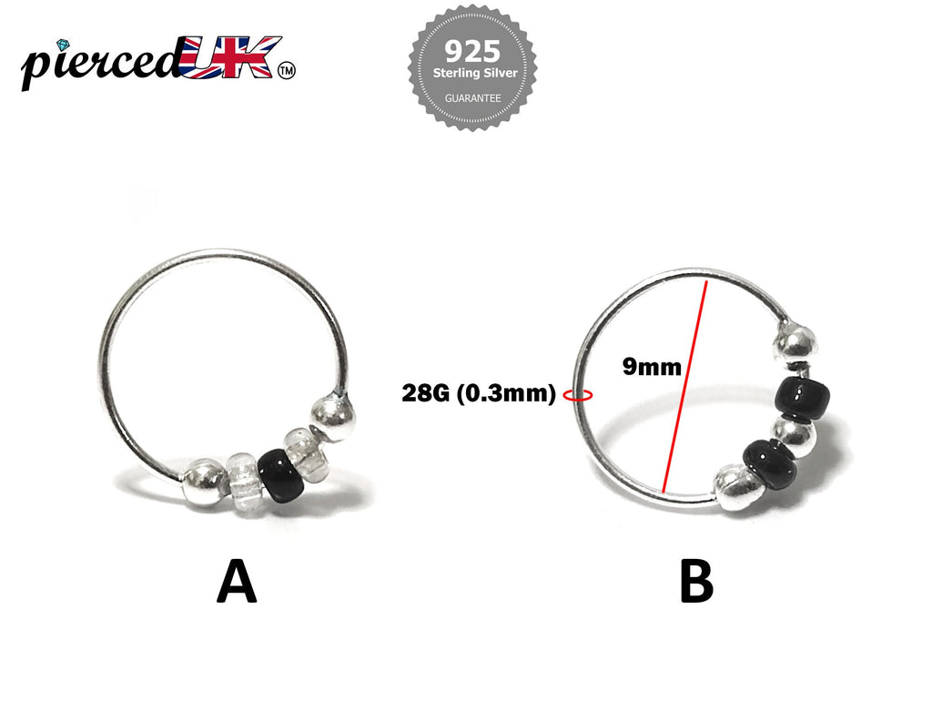 Silver Nose Hoop Ring, Nose Studs with Onyx Beads - 28G Bendable Nostril Piercing, Nose Piercing size 9mm