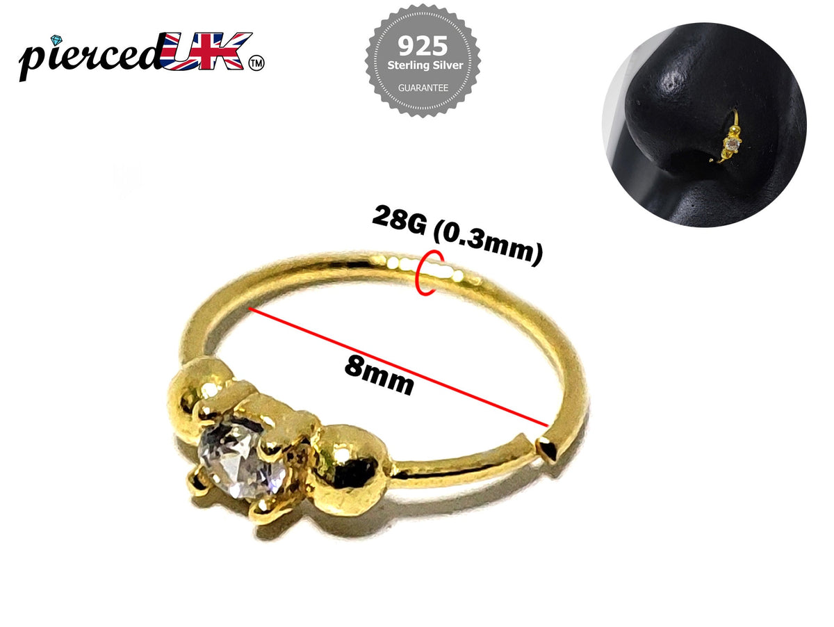 Gold Plated Solitaire Nose Ring, Silver Nose Studs with Crystal - 28G Bendable Nostril Piercing, Nose Piercing size 8mm