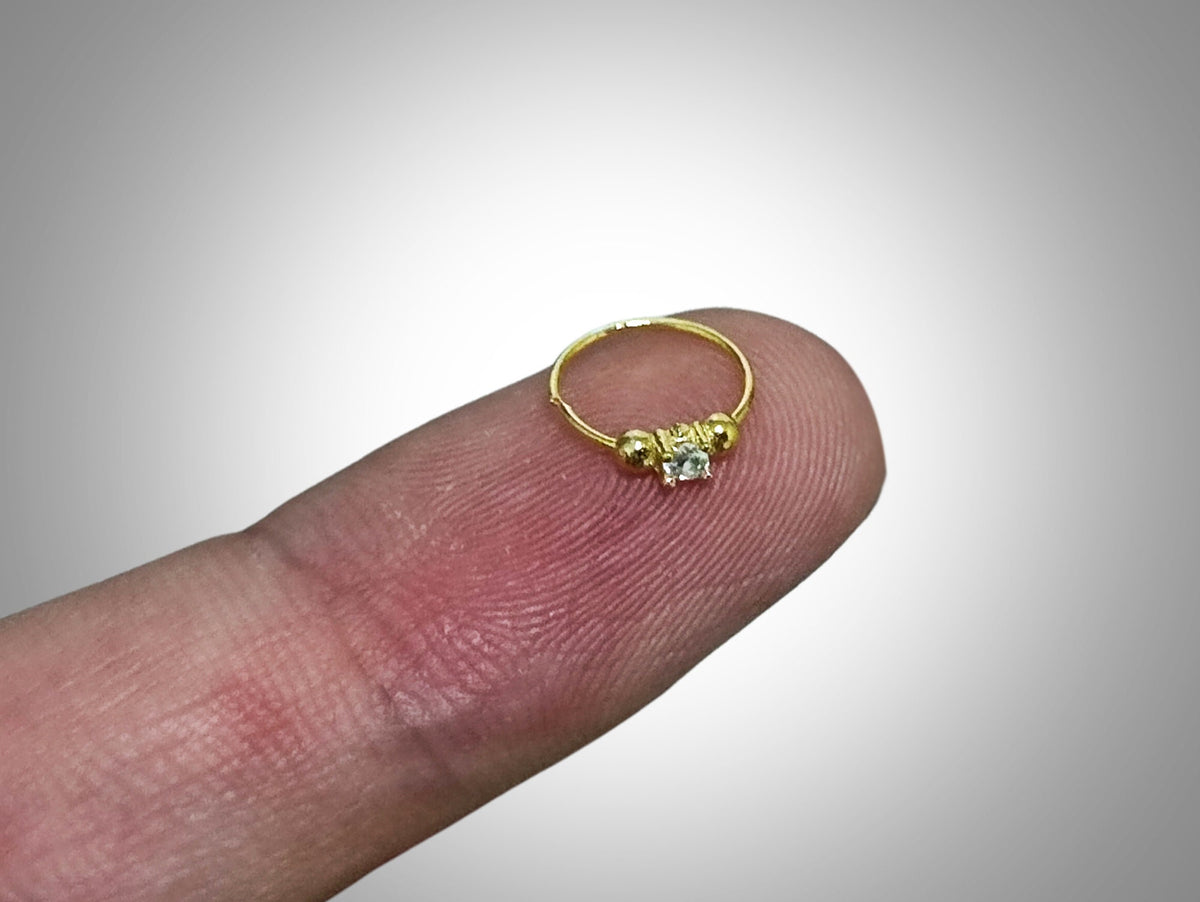 Gold Plated Solitaire Nose Ring, Silver Nose Studs with Crystal - 28G Bendable Nostril Piercing, Nose Piercing size 8mm