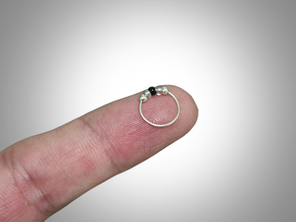 Silver Nose Hoop Ring, Nose Studs with Onyx Beads - 28G Bendable Nostril Piercing, Nose Piercing size 9mm