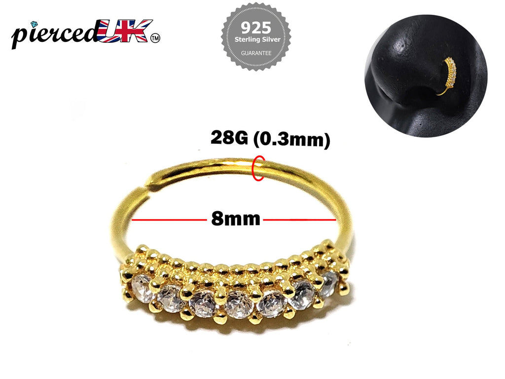 Gold Plated 28G Silver Nostril Ring with Crystal Sets - Bendable Nostril Piercing, Nose Piercing size 8mm