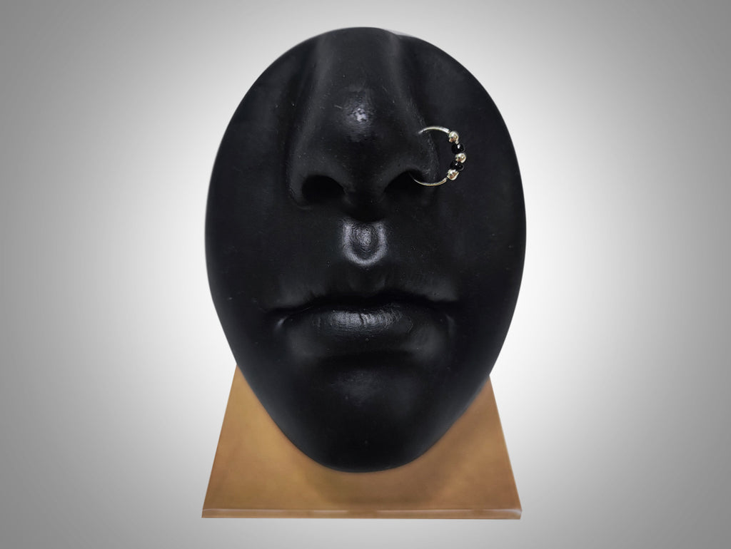Silver Nose Hoop Ring, Nose Studs with Onyx Beads - 28G Bendable Nostril Piercing, Nose Piercing size 9mm