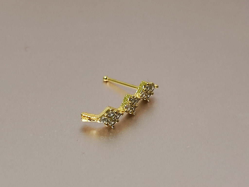 Gold Plated Silver Nose Studs Dangle Design with Crystal Sets - 28G Nostril Piercing, Nose Piercing shaft length 7mm