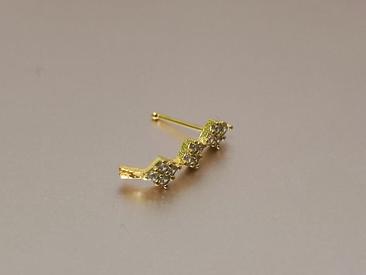 Gold Plated Silver Nose Studs Dangle Design with Crystal Sets - 28G Nostril Piercing, Nose Piercing shaft length 7mm