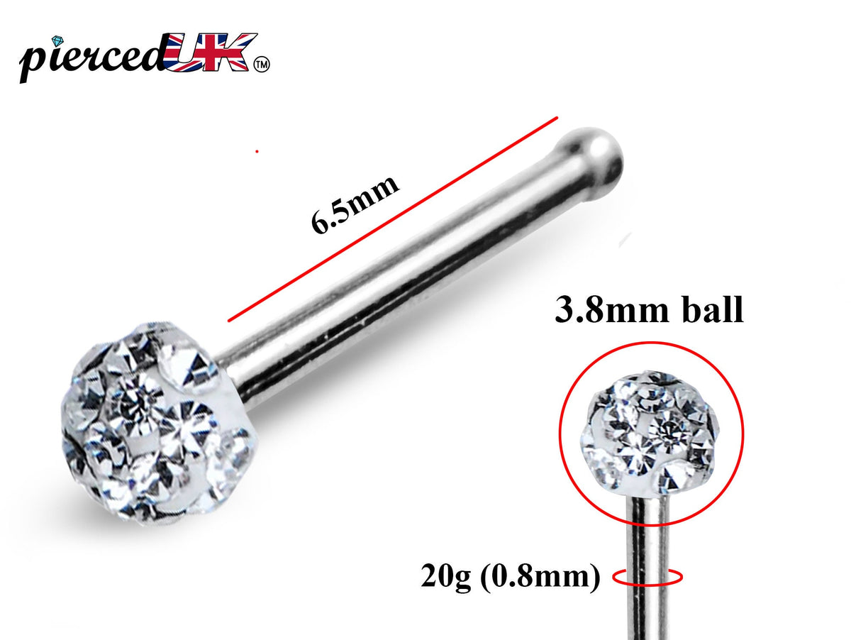 Nose Pin, Nose Stud Bone - Nose Piercing Size 20G (0.8mm) with Disco ball Crystal Clear CZ size 3.8mm