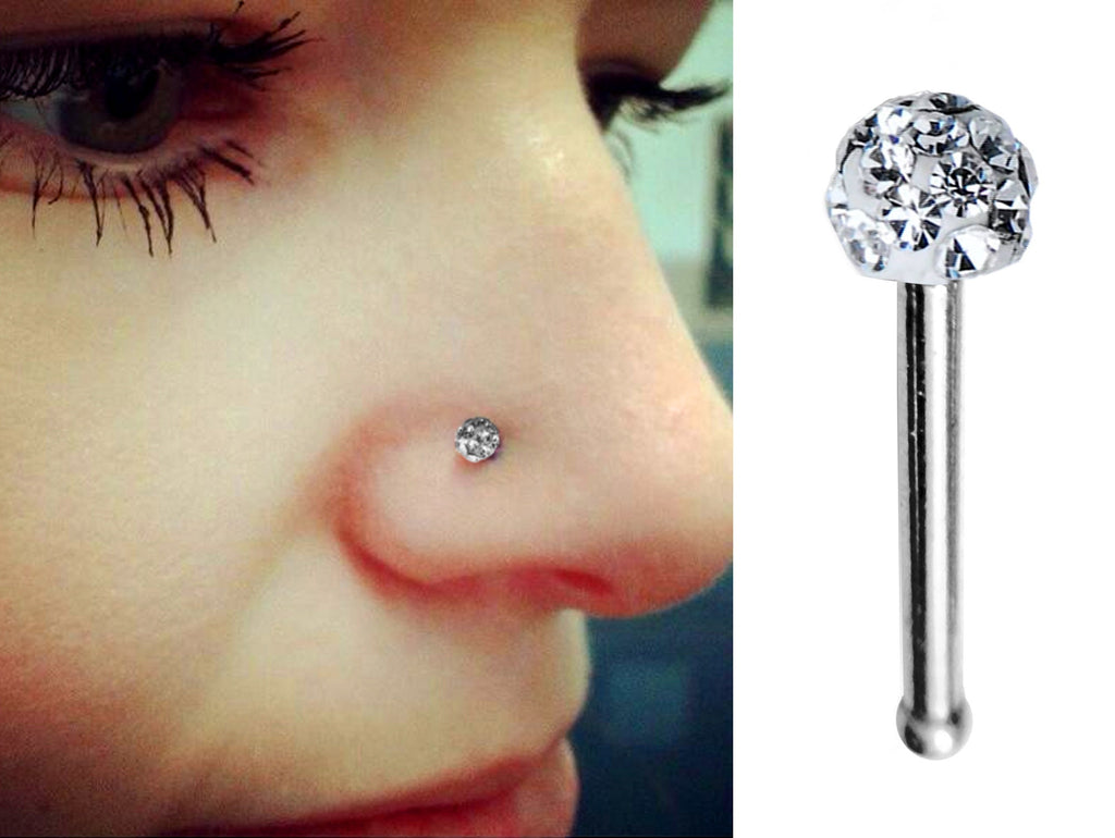 Nose Pin, Nose Stud Bone - Nose Piercing Size 20G (0.8mm) with Disco ball Crystal Clear CZ size 3.8mm