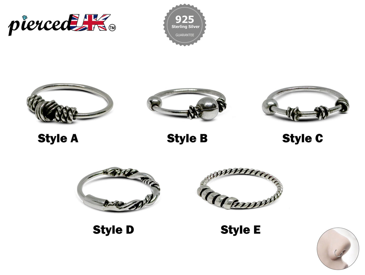 Bali Nose Ring Hoop, Nostril Ring – Bali Style Nose Hoop with Braided Rope, Ball Hoop Design – 22g (0.7mm)  – Silver Tribal Nose Piercing
