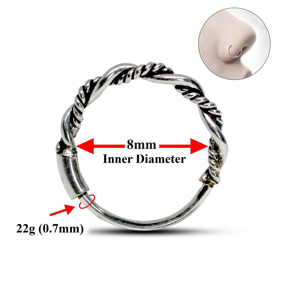 Bali Nose Ring Hoop, Nostril Ring – Bali Style Nose Hoop with Braided Rope, Ball Hoop Design – 22g (0.7mm)  – Silver Tribal Nose Piercing