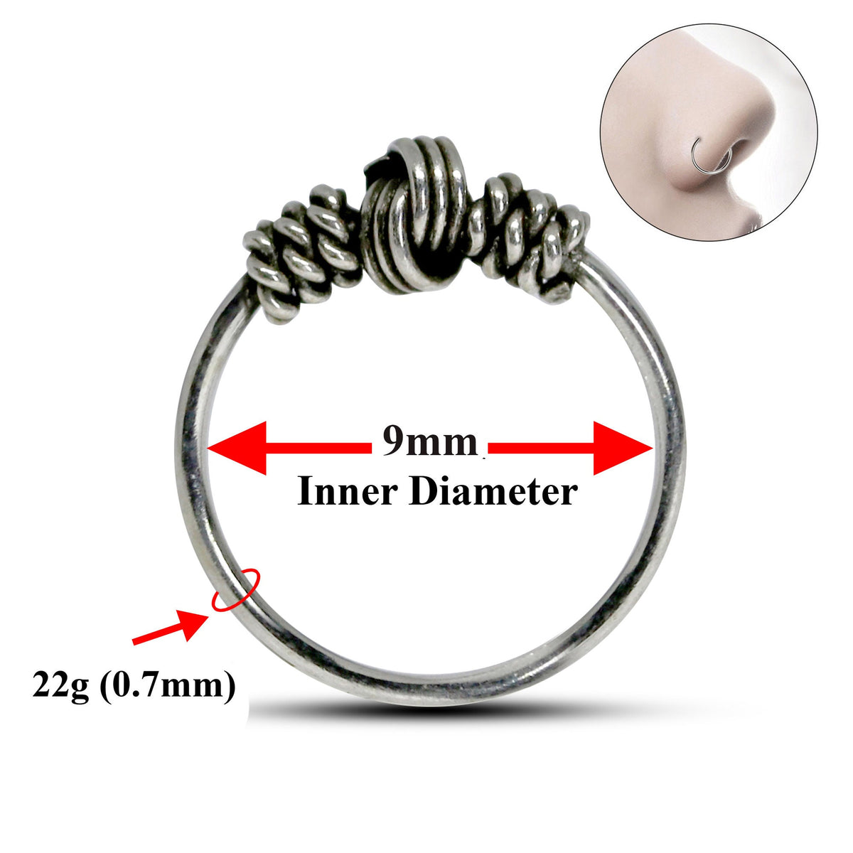 Bali Nose Ring Hoop, Nostril Ring – Bali Style Nose Hoop with Braided Rope, Ball Hoop Design – 22g (0.7mm)  – Silver Tribal Nose Piercing