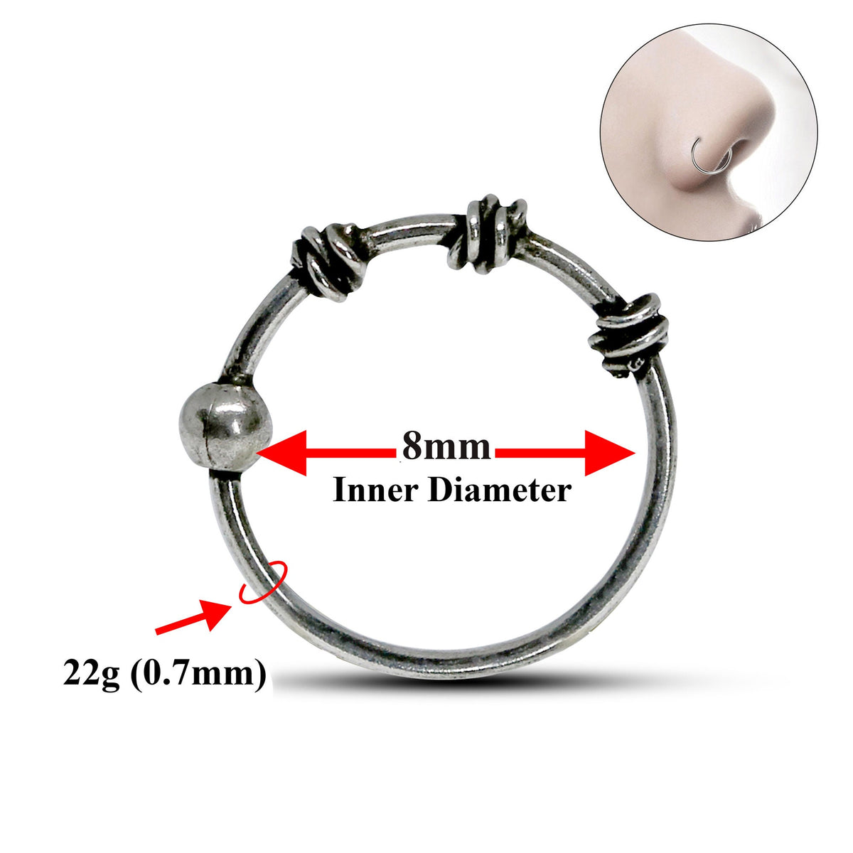 Bali Nose Ring Hoop, Nostril Ring – Bali Style Nose Hoop with Braided Rope, Ball Hoop Design – 22g (0.7mm)  – Silver Tribal Nose Piercing