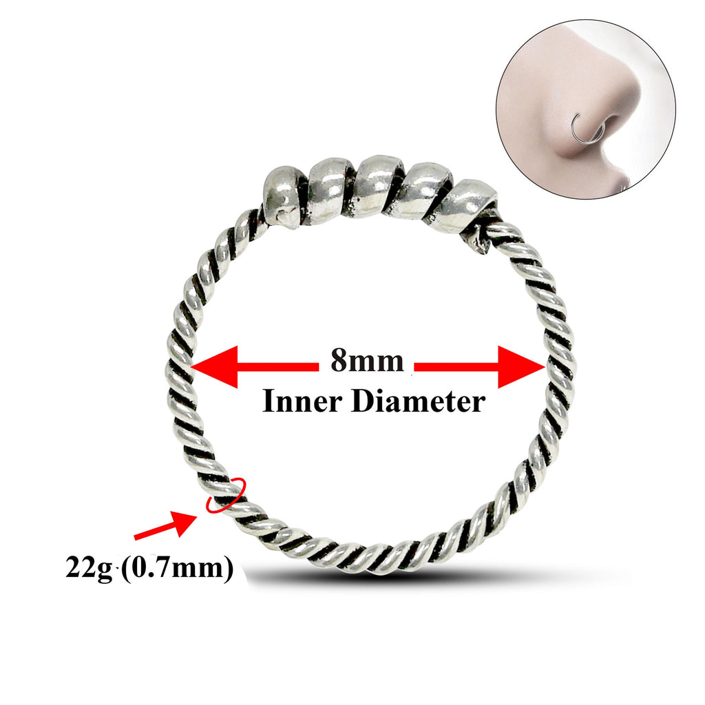 Tribal Nose Ring, Nostril Hoops – Twisted Nose Earring Hinged Rings – 22g (0.7mm)  – Silver Nose Piercing