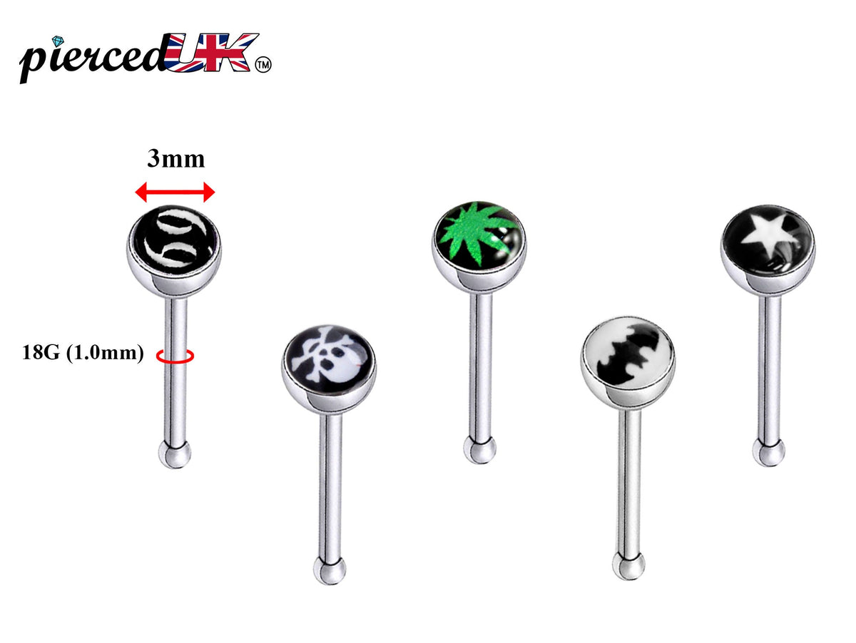 Nose Bone Stud, Nose Ring - Nose Pin with Logos - Nose Piercing Size 18G (1.0mm) - Nostril Stud, Nose Jewelry, Straight Nose Pin