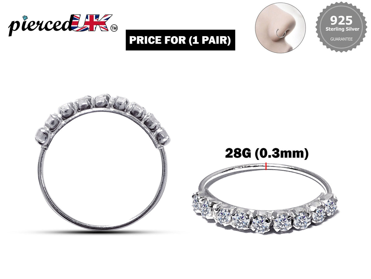 Silver Open Nose Ring, Nose Hoops, Nose Piercing with CZ Crystal Sets  – 28g (0.3mm)  – Size 7mm, 9mm and 12mm