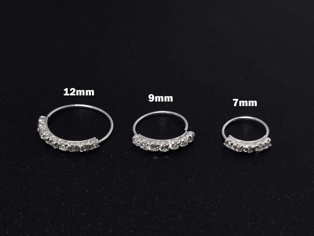 Silver Open Nose Ring, Nose Hoops, Nose Piercing with CZ Crystal Sets  – 28g (0.3mm)  – Size 7mm, 9mm and 12mm