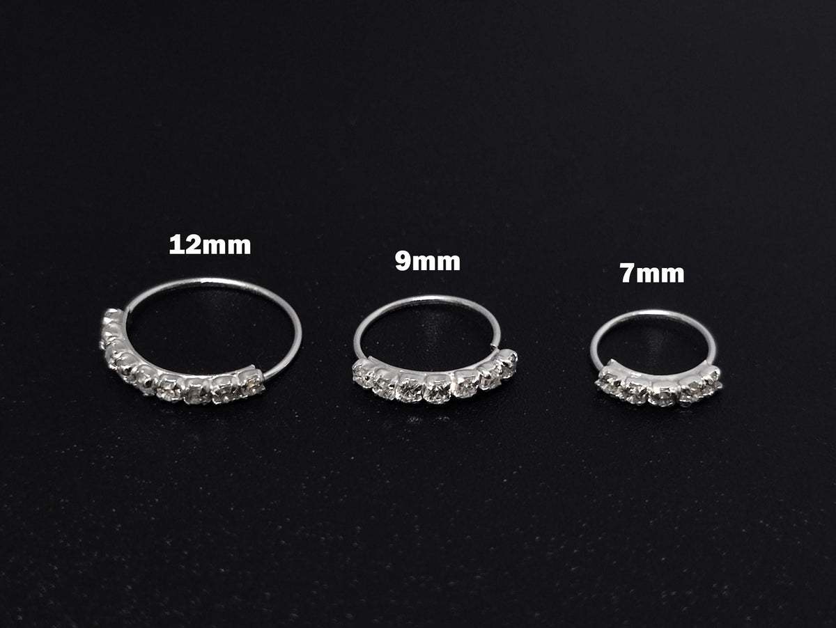 Silver Open Nose Ring, Nose Hoops, Nose Piercing with CZ Crystal Sets  – 28g (0.3mm)  – Size 7mm, 9mm and 12mm