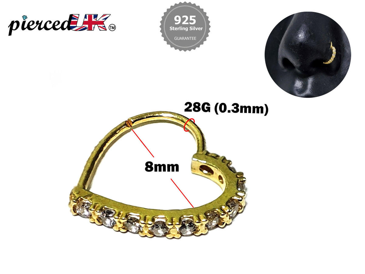 Gold Plated Heart Shape Silver Nose Ring with Crystal Sets - 28G Bendable Nostril Piercing, Nose Piercing size 8mm