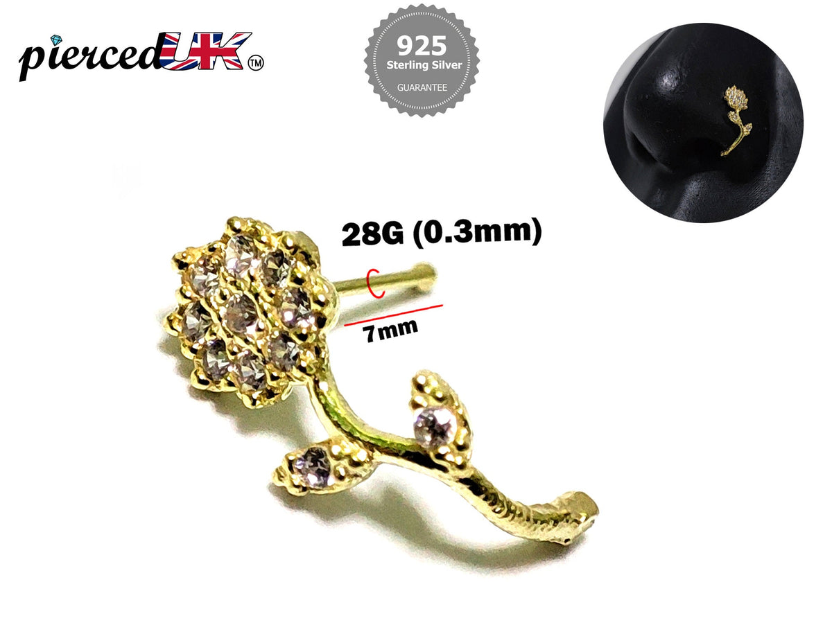 Gold Plated Flower Nose Studs, Nose Piercing with Crystal Sets - 28G Nostril Piercing, Nose Post shaft length 7mm