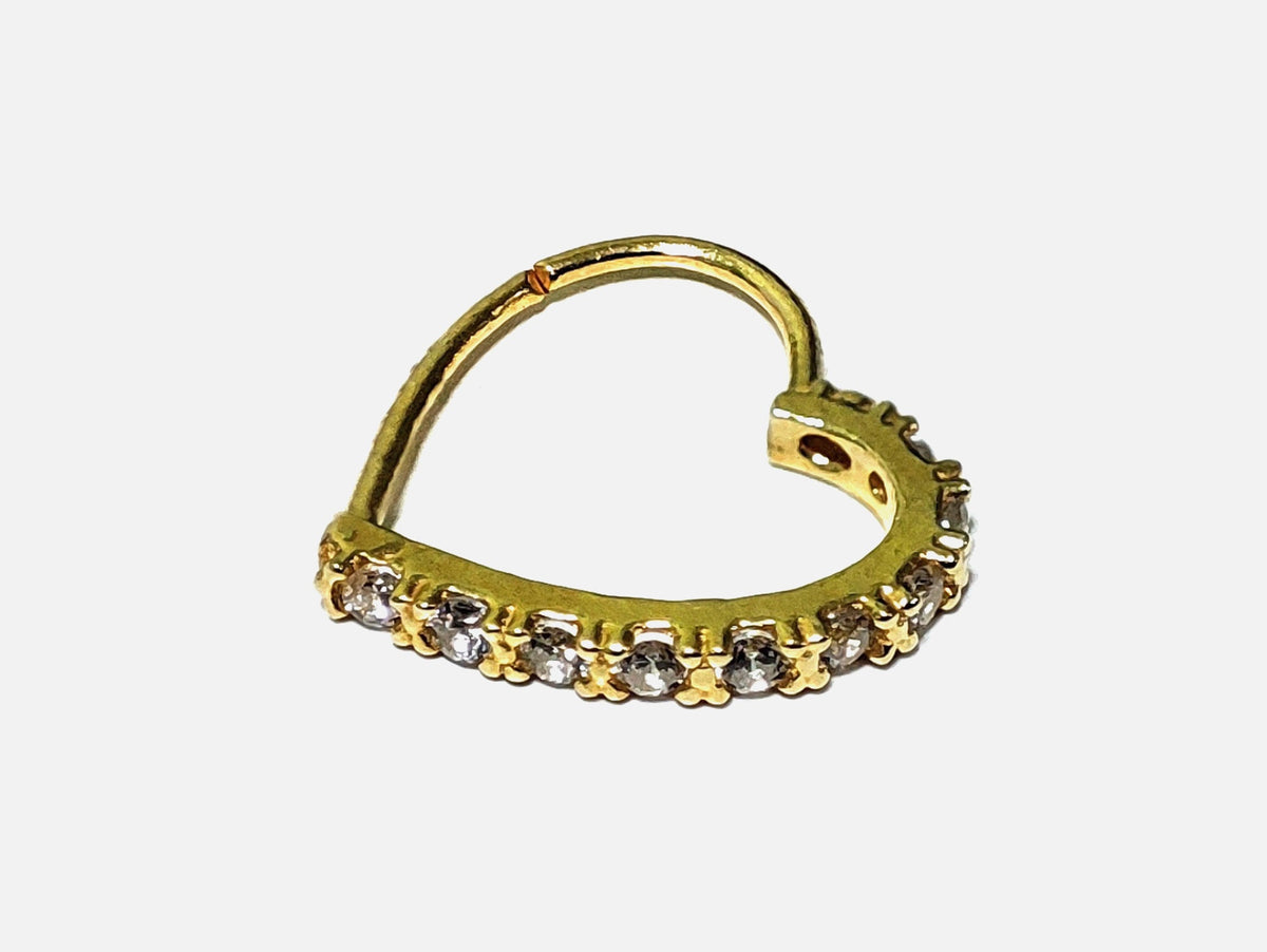 Gold Plated Heart Shape Silver Nose Ring with Crystal Sets - 28G Bendable Nostril Piercing, Nose Piercing size 8mm