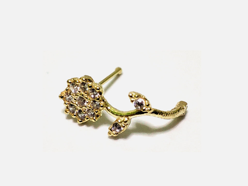 Gold Plated Flower Nose Studs, Nose Piercing with Crystal Sets - 28G Nostril Piercing, Nose Post shaft length 7mm