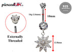 Silver Belly Bars, Navel Ring - Dangle Flower Belly Piercing with CZ Crystals - Navel Jewelry - 16g (1.6mm) Length is 10mm