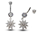 Silver Belly Bars, Navel Ring - Dangle Flower Belly Piercing with CZ Crystals - Navel Jewelry - 16g (1.6mm) Length is 10mm