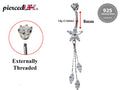 Silver Dangle Belly Bars, Navel Ring - Flower Dangle Belly Ring with Chain Drop CZ Crystals - Curved Barbell - 16g (1.6mm) Length is 8mm