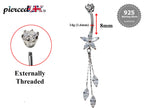 Silver Dangle Belly Bars, Navel Ring - Flower Dangle Belly Ring with Chain Drop CZ Crystals - Curved Barbell - 16g (1.6mm) Length is 8mm