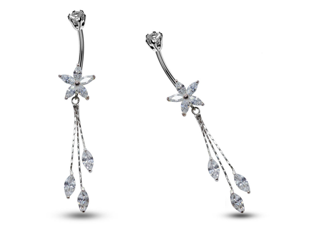 Silver Dangle Belly Bars, Navel Ring - Flower Dangle Belly Ring with Chain Drop CZ Crystals - Curved Barbell - 16g (1.6mm) Length is 8mm