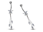 Silver Dangle Belly Bars, Navel Ring - Flower Dangle Belly Ring with Chain Drop CZ Crystals - Curved Barbell - 16g (1.6mm) Length is 8mm