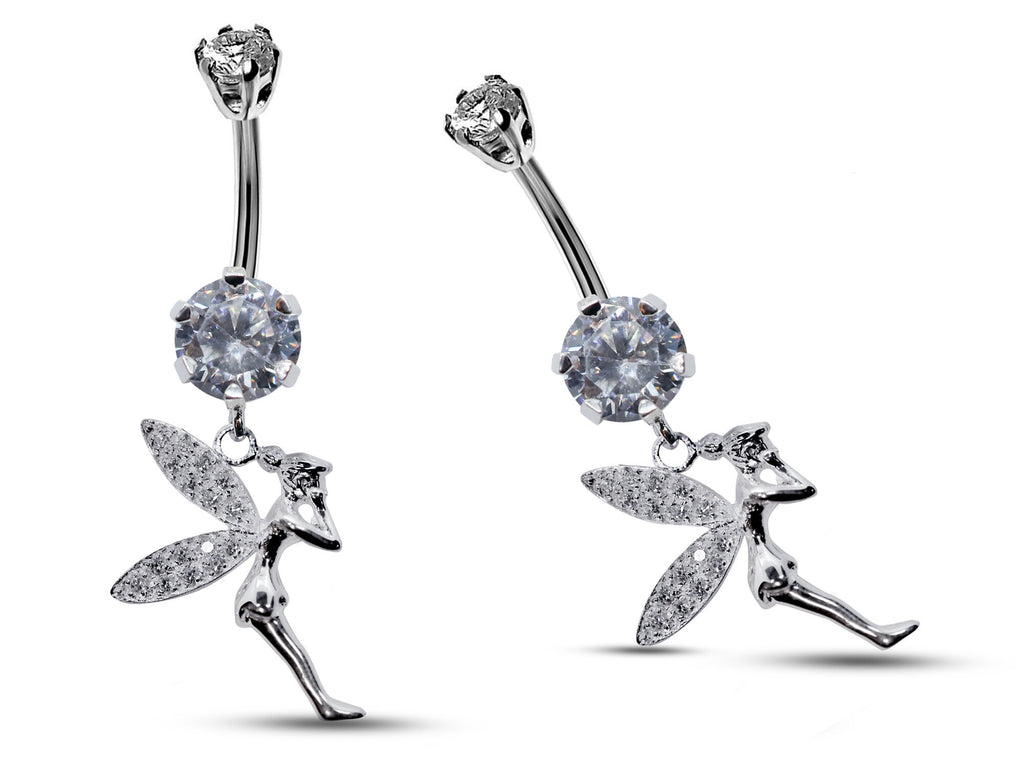 Silver Belly Button Piercing, Fairy Belly Bars - Pixie Belly Ring with Quality CZ Crystals - Navel Ring - 16g (1.6mm) Length is 10mm