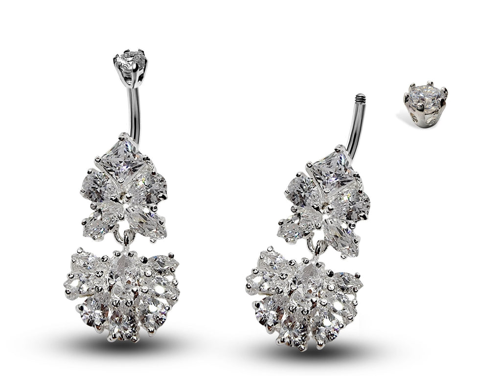 Silver Belly Button Ring, Navel Ring - Dangle Drop Belly Bar with High Quality CZ Crystals - Curved Barbell - 16g (1.6mm) Length is 10mm