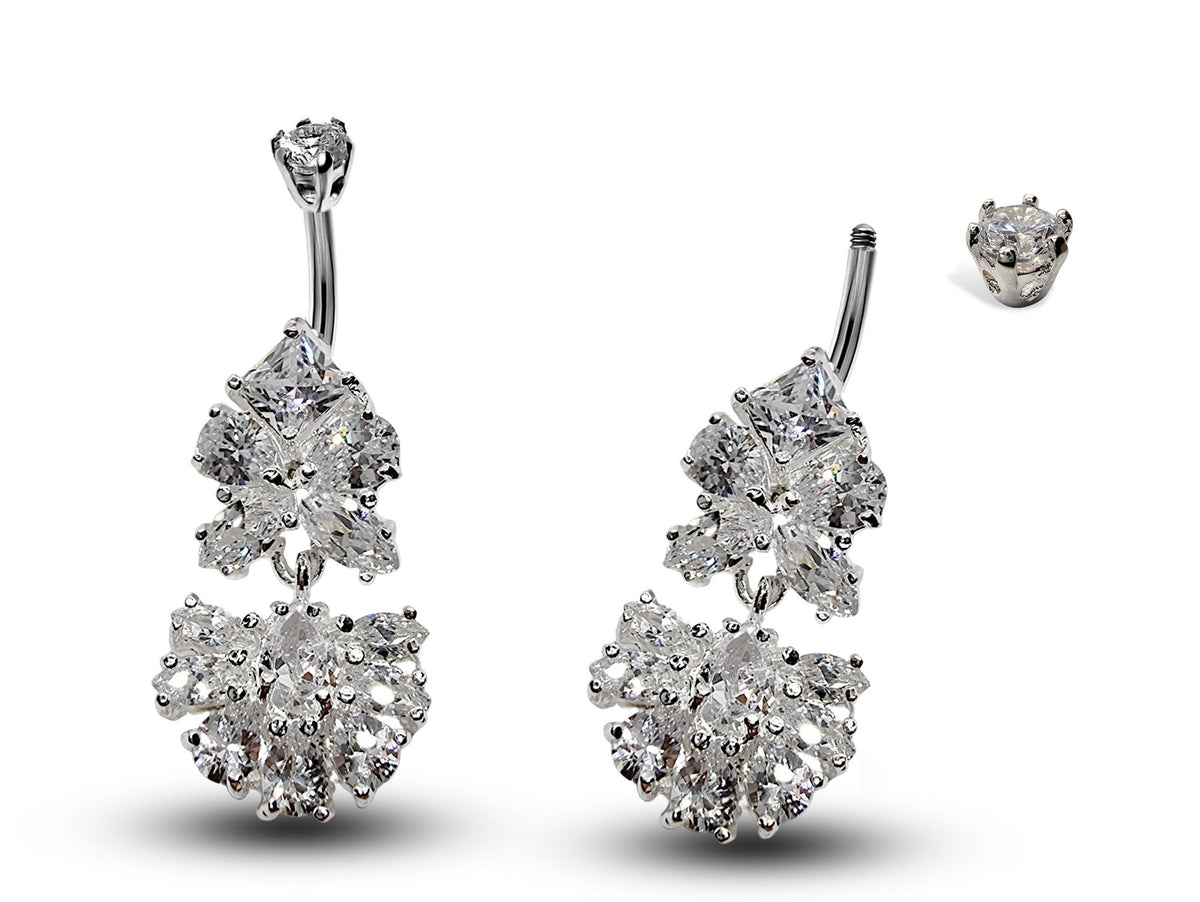 Silver Belly Button Ring, Navel Ring - Dangle Drop Belly Bar with High Quality CZ Crystals - Curved Barbell - 16g (1.6mm) Length is 10mm